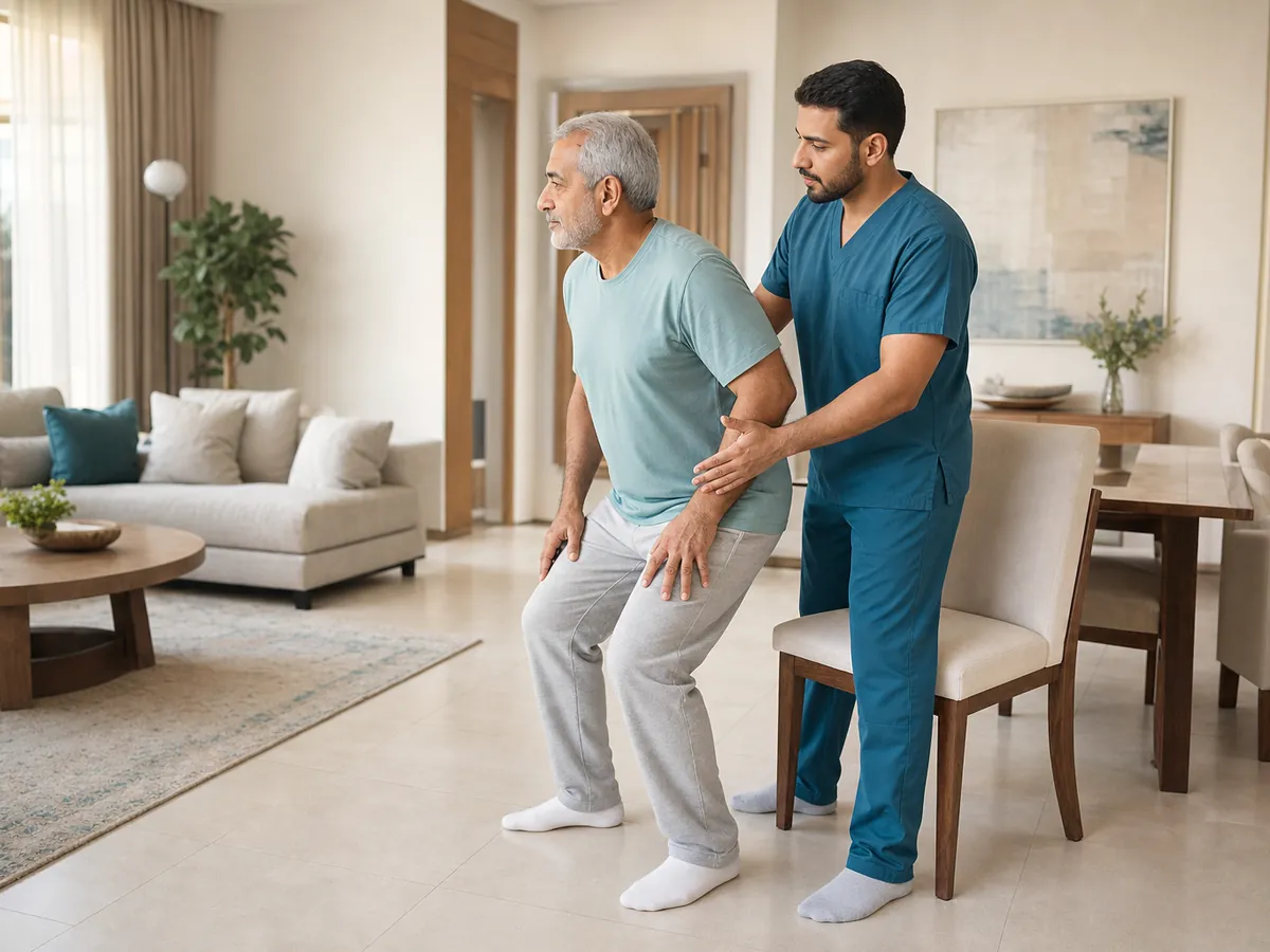 Physiotherapist safely supporting an older adult during sit-to-stand practice at home
