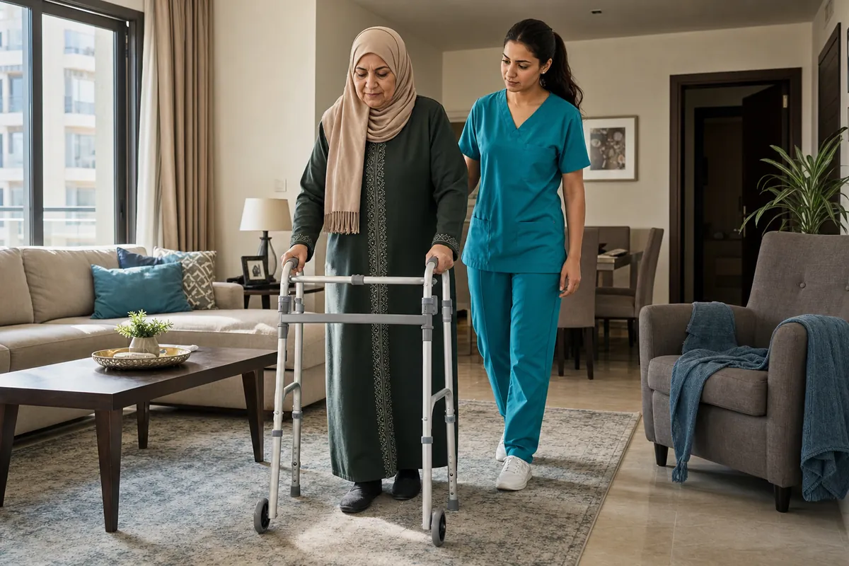 أخصائية علاج طبيعي تراقب سيدة مسنة تستخدم مشاية بعجلات بأمان داخل منزلها